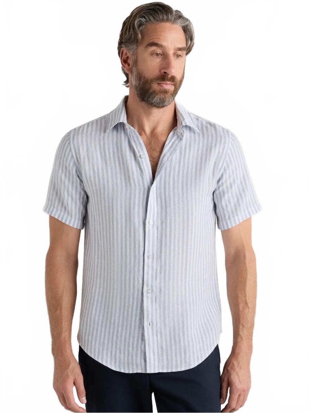 Quince 100% European Linen Short Sleeve Shirt Sky Blue Mariner Stripe XXL 2XL